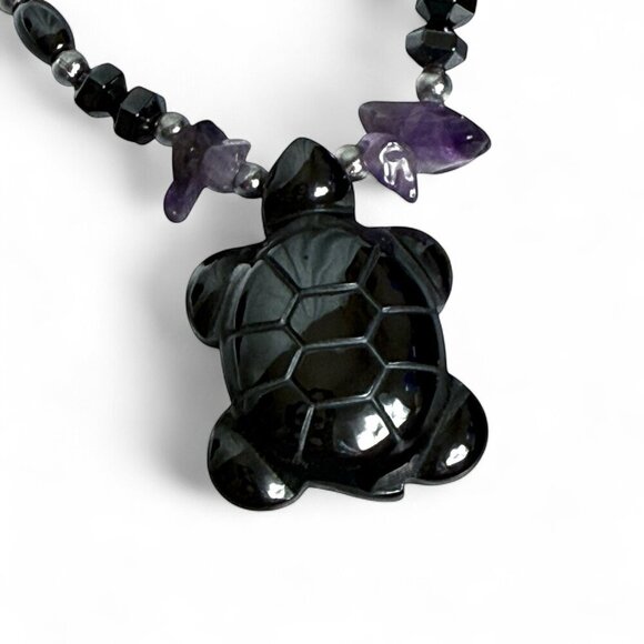 Hematite Bead Necklace with Turtle Pendant Amethyst - Picture 3 of 7